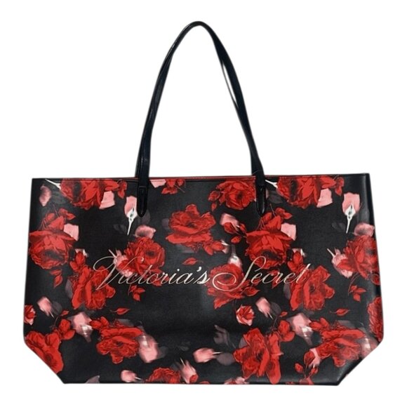 Victoria Secret NWOT Black and Red Floral Large Tote - Picture 2 of 6